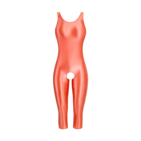 A coral color glossy unitard featuring thick shoulder straps, a scoop neckline, a scoop back, three quarter legs and an open crotch.