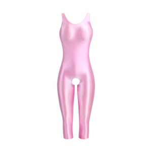 A hot pink glossy unitard featuring thick shoulder straps, a scoop neckline, a scoop back, three quarter legs and an open crotch.