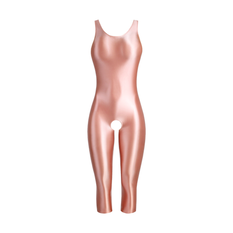 A pink glossy unitard featuring thick shoulder straps, a scoop neckline, a scoop back, three quarter legs and an open crotch.