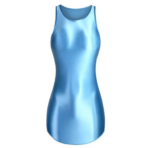 A aqua colored glossy mini dress featuring thick shoulder straps and a scoop neckline.