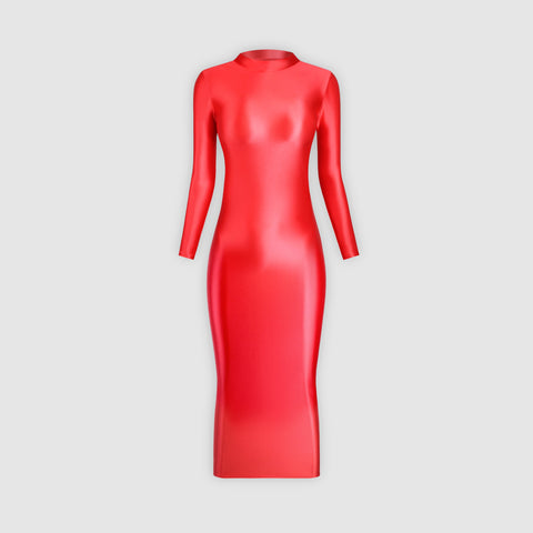 Elegant long-sleeve red glossy dress, ideal for a special occasion.
