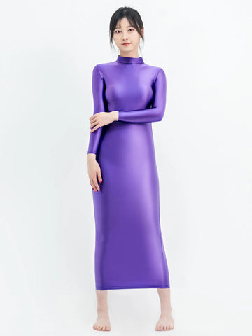 A woman in a purple glossy long sleeve bodycon dress posing confidently.