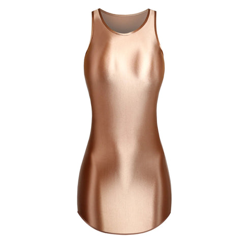 A brown colored glossy mini dress featuring thick shoulder straps and a scoop neckline.