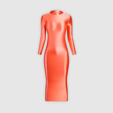 Elegant long-sleeve orange glossy dress, ideal for a special occasion.