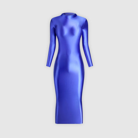 Elegant long-sleeve blue glossy dress, ideal for a special occasion.