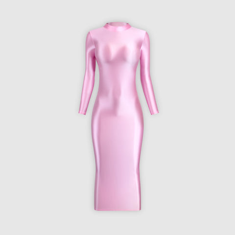 Elegant long-sleeve pink glossy dress, ideal for a special occasion.