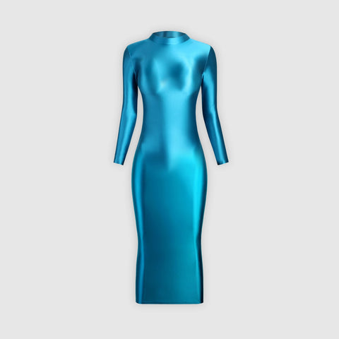 Elegant long-sleeve aqua glossy dress, ideal for a special occasion.