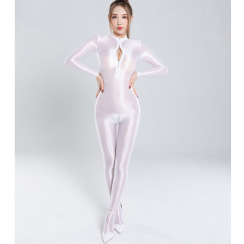 Front view of lady wearing white wet look catsuit features a high neckline, long fitted sleeves, 2-way bust zipper closure, and a crotch zipper with white high heels.