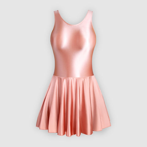 Front view of coral leotard dress featuring a scoop neckline, a scoop back cut, thick shoulder straps, and an attached skirt.