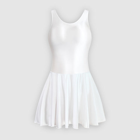 Front view of white leotard dress featuring a scoop neckline, a scoop back cut, thick shoulder straps, and an attached skirt.