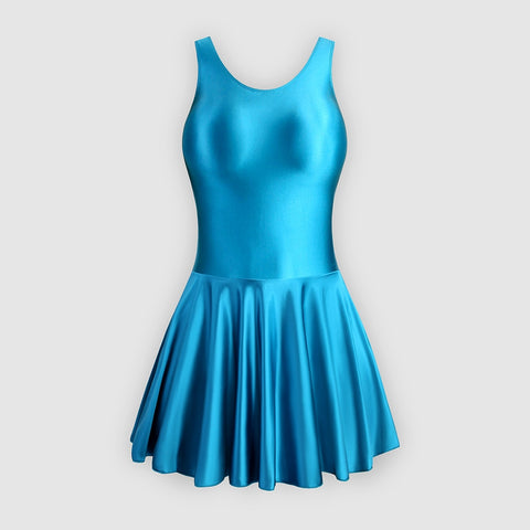 Front view of sapphire leotard dress featuring a scoop neckline, a scoop back cut, thick shoulder straps, and an attached skirt.