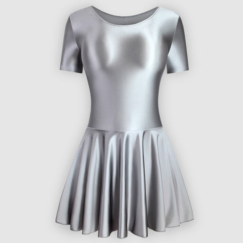 Front view of silver leotard dress featuring a scoop neckline, a scoop back cut, short sleeves, and an attached skirt.