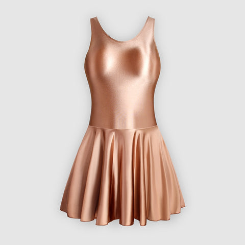 Front view of brown leotard dress featuring a scoop neckline, a scoop back cut, thick shoulder straps, and an attached skirt.
