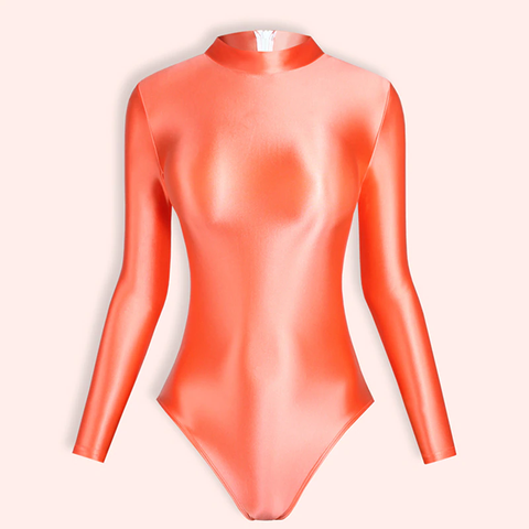 front view of scarlet color leotard featuring long sleeves, back zipper closure, enticing shiny wet look fabric and a cheeky cut back.