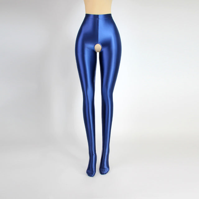 Front view of blue glossy crotchless tights.