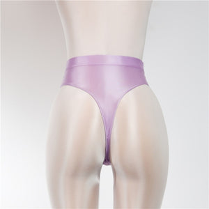 Back view of purple wet look thong with high cut sides.