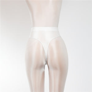 Back view of white wet look thong with high cut sides.