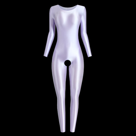 Front view of light purple wet look catsuit features a scoop neckline, long sleeves, ankle-length, and an open crotch. 