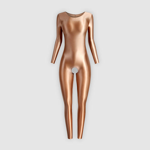 Front view of brown wet look catsuit features a scoop neckline, long sleeves, ankle-length, and an open crotch. 