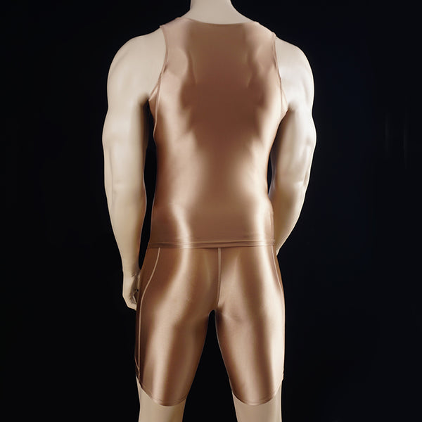 Satinylust-Aion Brown Glossy Tank Top And Compression Shorts