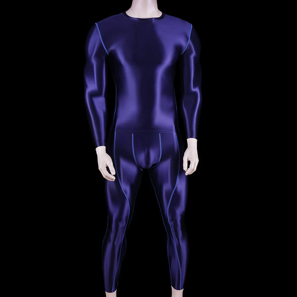 Satinylust-Aether Blue Glossy Long Sleeves Top And Tights Set