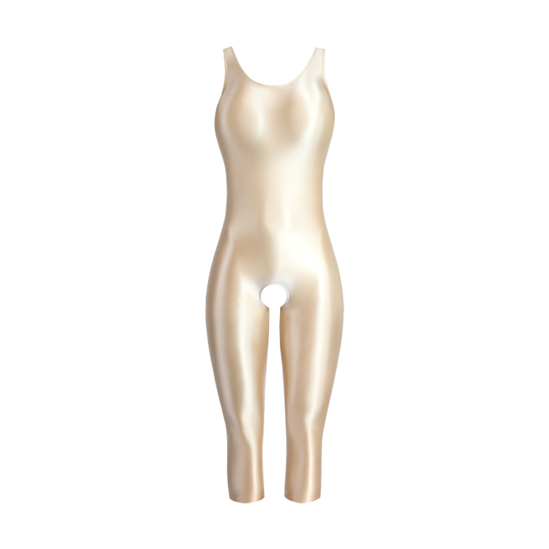A beige glossy unitard featuring thick shoulder straps, a scoop neckline, a scoop back, three quarter legs and an open crotch.