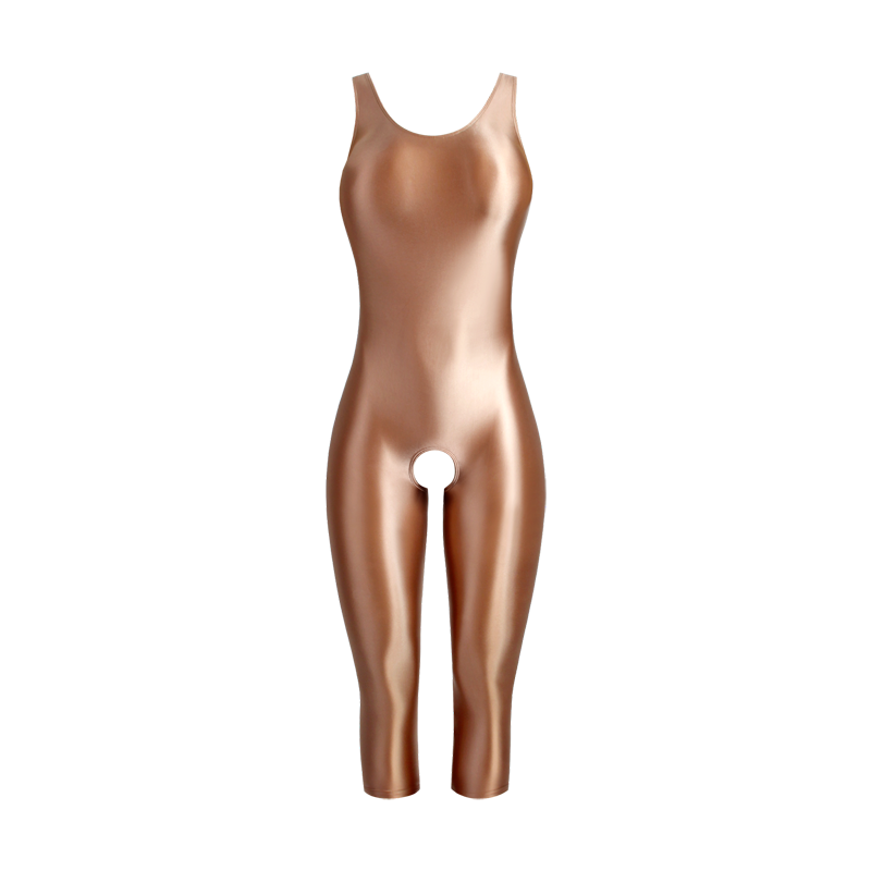 A brown glossy unitard featuring thick shoulder straps, a scoop neckline, a scoop back, three quarter legs and an open crotch.