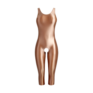 A brown glossy unitard featuring thick shoulder straps, a scoop neckline, a scoop back, three quarter legs and an open crotch.