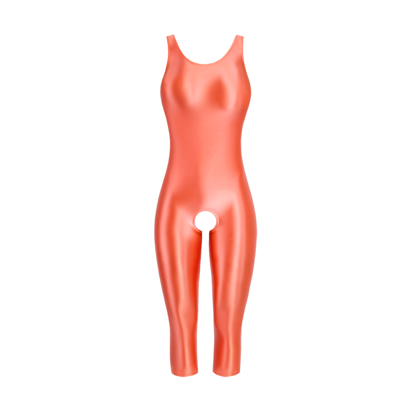 A coral color glossy unitard featuring thick shoulder straps, a scoop neckline, a scoop back, three quarter legs and an open crotch.