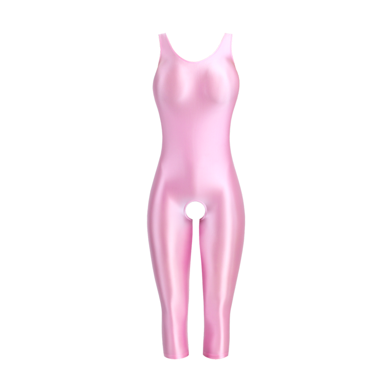 A hot pink glossy unitard featuring thick shoulder straps, a scoop neckline, a scoop back, three quarter legs and an open crotch.