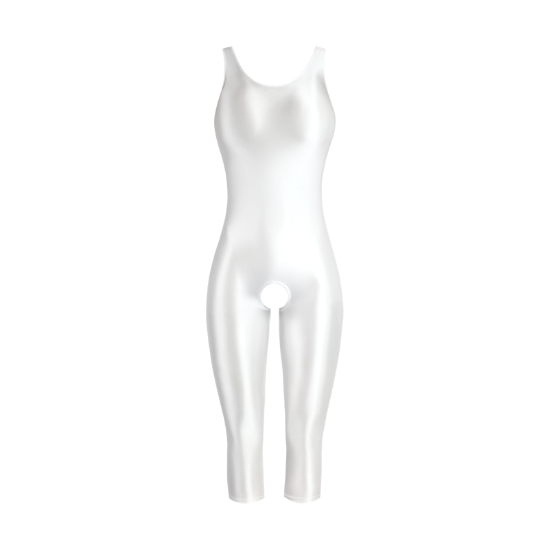 A white glossy unitard featuring thick shoulder straps, a scoop neckline, a scoop back, three quarter legs and an open crotch.