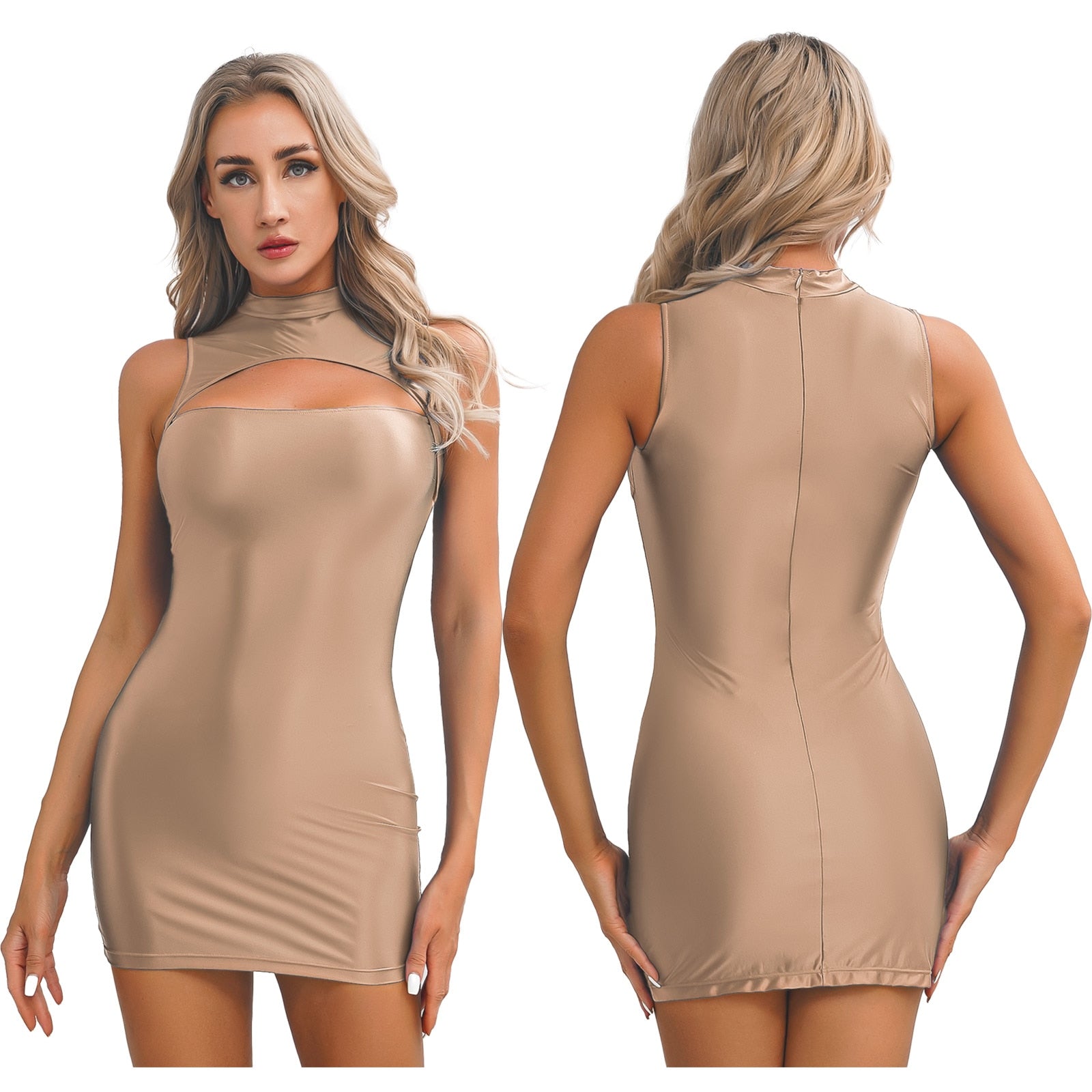 A woman posing in a brown sleeveless glossy mini party dress with a front bust cut out, high neckline and back zipper closure.
