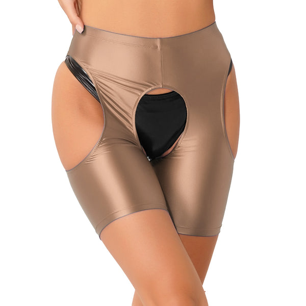 Themis Champagne Glossy Suspender Style Shorts-satinylust