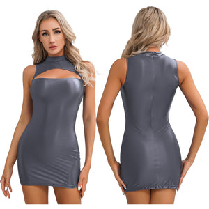 A woman posing in a dark gray sleeveless glossy mini party dress with a front bust cut out, high neckline and back zipper closure.