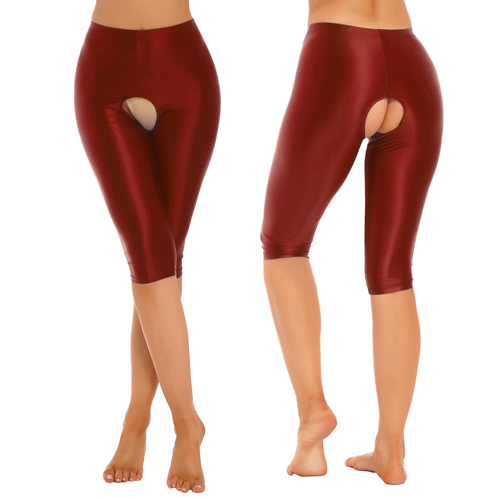 Morena Maroon Crotchless Glossy Biker Shorts-satinylust