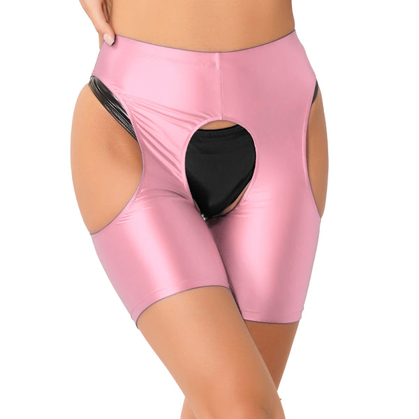 Themis Pink Glossy Suspender Style Shorts-satinylust