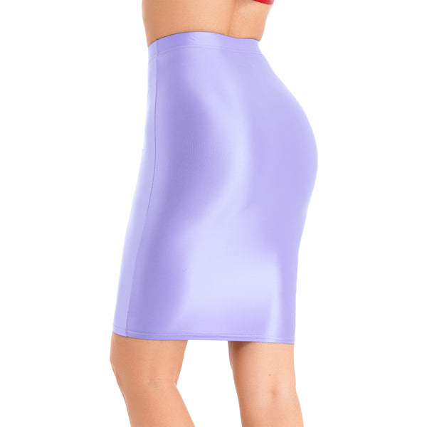 A woman wearing a lavender glossy skirt with a high waist.