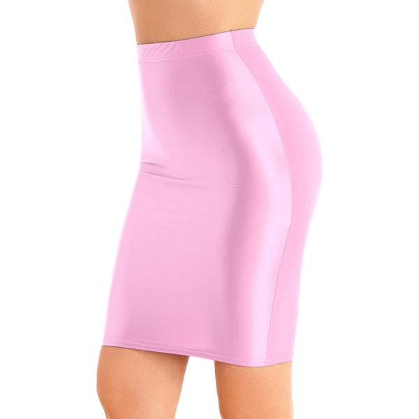 A woman wearing a pink glossy skirt with a high waist.