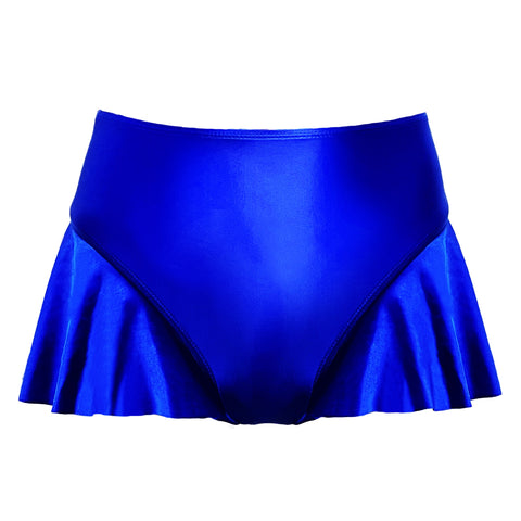 A women's blue bikini bottom with a ruffled bottom.
