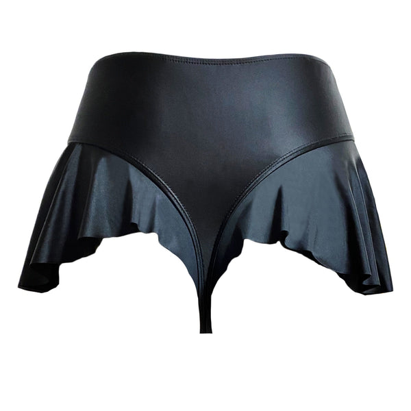 A women's black bikini bottom with a ruffled bottom.