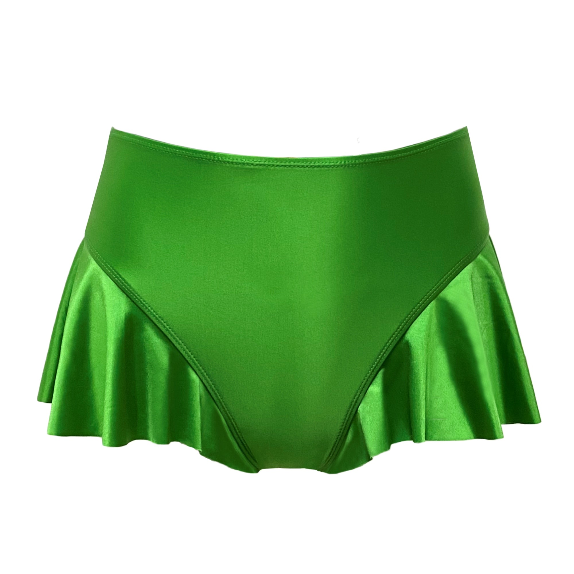 A women's green bikini bottom with a ruffled bottom.