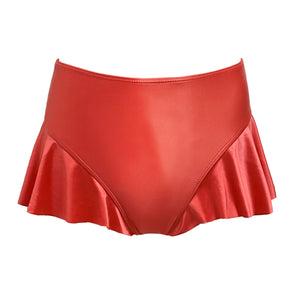 A women's red bikini bottom with a ruffled bottom.
