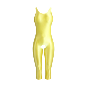 A yellow glossy unitard featuring thick shoulder straps, a scoop neckline, a scoop back, three quarter legs and an open crotch.