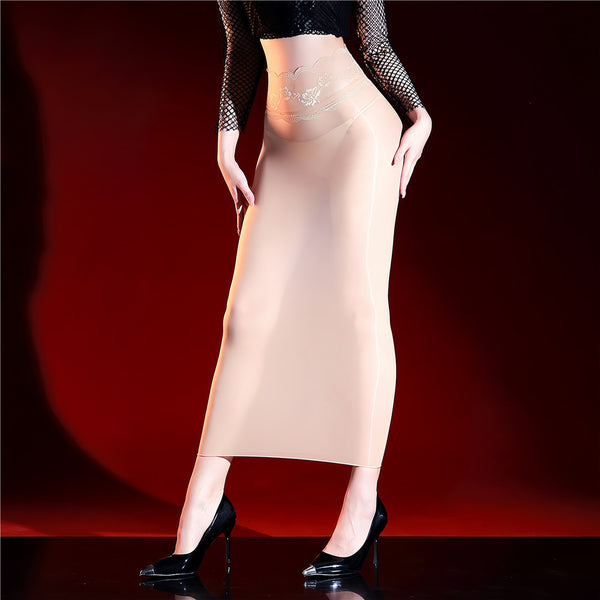 Woman wearing a beige sheer midi skirt