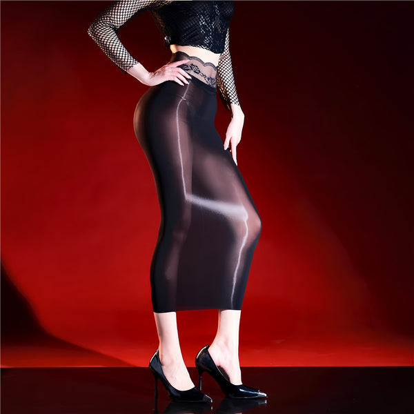 Woman wearing a black sheer lace midi skirt