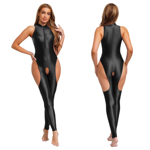 Black catsuit with cut-out design worn by a model on a white background