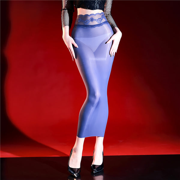 Blue sheer skirt worn by a model on a red background