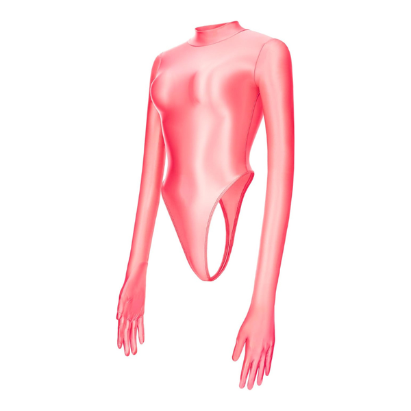 Pink bodysuit with long sleeves on a white background