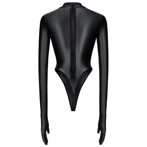 Black glossy long-sleeve high-neck bodysuit with attached gloves and a high-cut design, displayed against a light gray background. The stretch fabric has a smooth, subtle shine, highlighting the fitted silhouette.