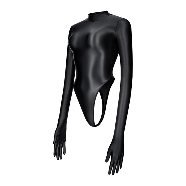 Black glossy long-sleeve high-neck bodysuit with attached gloves and a high-cut design, displayed against a light gray background. The stretch fabric has a smooth, subtle shine, highlighting the fitted silhouette.